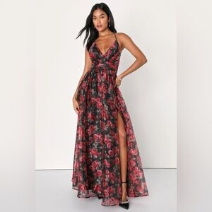 LULUS Simply Divine Black Red Floral Print Organza Maxi Dress ❤️NWT❤️IN STORES❤️
